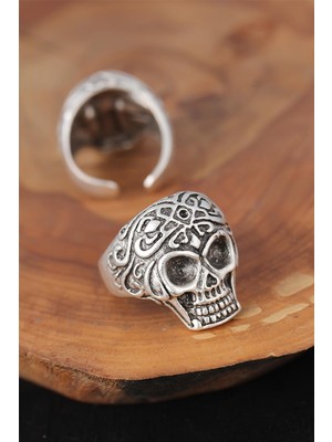 Inure Jewelry Kuru Kafalı Gümüş Renk Erkek Yüzük