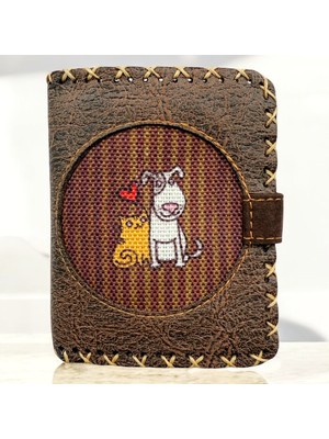 Fildişi Aksesuar El Yapımı Kadın Cüzdan Vegan Deri Kedi Köpek Aşkı Görselli Koyu Kahverengi Renk