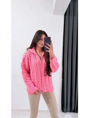 Olwe Örmeli Fermuarlı Triko Kazak Pembe