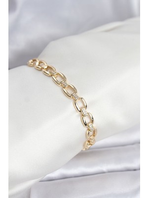 Twin Store Pirinç Gold Renk Vip Seri Zincir Model Zirkon Taşlı Kadın Bileklik