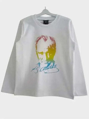 Geef Kids Atatürk Baskılı Rengarenk Beyaz Uzun Kollu T_shırt