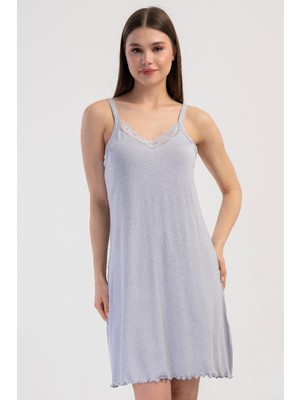 Vienetta Kadın Büyük Beden Dantelli Ince Askılı V Yaka Gri Gecelik Tunik C4T0N3904