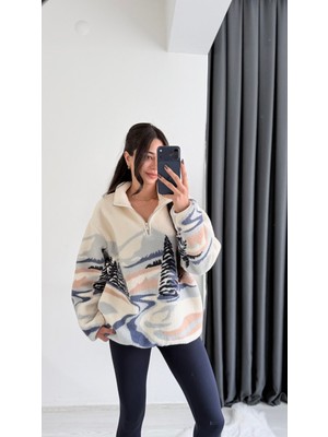 Presy Beyaz Mavi Desenli Teddy Kazak