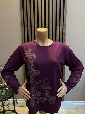 Akmavi Kadın Orta Yaş ve Üzeri Viskon Renkli Yaprak Desenli Taşlı Likralı Anne Penye Bluz