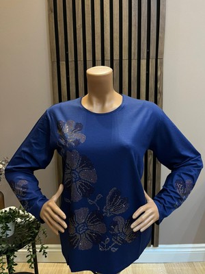 Akmavi Kadın Orta Yaş ve Üzeri Viskon Renkli Yaprak Desenli Taşlı Likralı Anne Penye Bluz