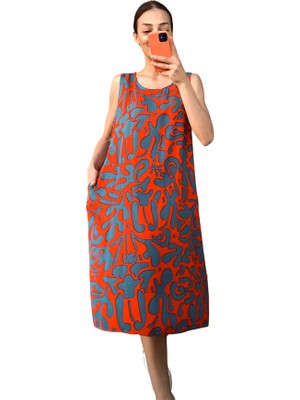 Keyifli Moda Turuncu Desenli Kalın Askılı Cepli Midi Elbise