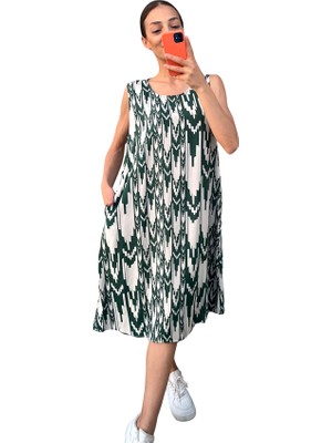 Keyifli Moda Beyaz Haki Desenli Kalın Askılı Cepli Midi Elbise