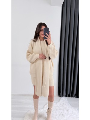 Flam Şal Detaylı Kazak ve Etek Triko 3lü Takım Krem