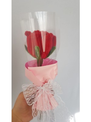 Badem Hediyecilik El Yapımı Kırmızı Gül Şönil Tekli Çiçek Buket – Sevgililer Günü, Anneler Günü Içinhediye