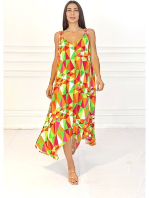 Keyifli Moda Turuncu Desenli Askısı Halkalı Uzun Elbise