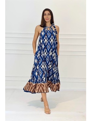 Keyifli Moda Lacivert Etnik Desenli Boyundan Bağlamalı Cepli Uzun Elbise