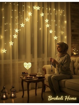 Brokoli Home Yıldız Perde LED Günışığı Çapraz LED 3 mt Fişli 16 Saçaklı 8 Fonksiyonlu Ramazan led Işık Şerit Ramazan Süsü