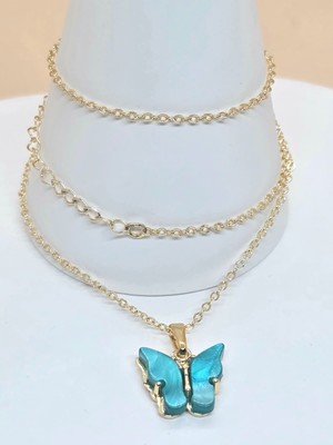 Kelebek Figürlü Turkuaz Akrilik Taş Zincir Kolye