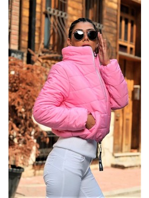 Keyifli Moda Açık Pembe Dik Yaka Su Geçirmez Kısa Şişme Mont