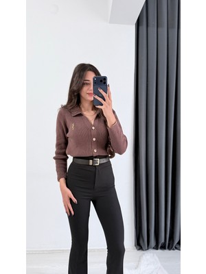 Michelle Kahve Ys Nakışlı Gold Düğmeli Hırka