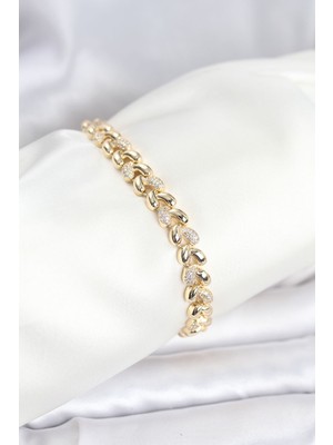 Twin Store Pirinç Gold Renk Vip Seri Sarmal Damla Model Zirkon Taşlı Kadın Bileklik