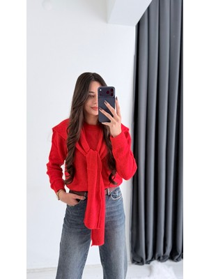 Moche Viral Atkı Detaylı Triko Kazak Kırmızı