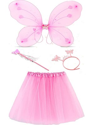 Skygo Toz Pembe Kelebek Kostümü - Toz Pembe Kelebek Kostüm Aksesuar Seti 4 Parça