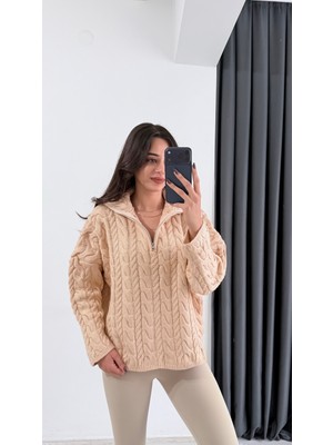 Olwe Örmeli Fermuarlı Triko Kazak Krem