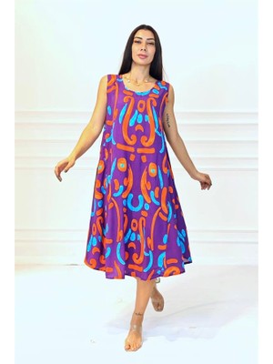 Keyifli Moda Mor Desenli U Yaka Askılı Midi Elbise
