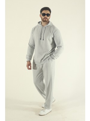 EYDAMOON Erkek Kışlık Içi Polarlı Kapüşonlu Sweatshirt Alt Baggy Eşofman Takımı-Gri