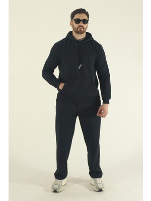 EYDAMOON Erkek Kışlık Pamuklu Kanguru Cepli Sweatshirt Alt Baggy Eşofman Takımı-Siyah