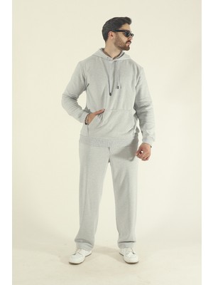 EYDAMOON Erkek Kışlık Pamuklu Kanguru Cepli Sweatshirt Alt Baggy Eşofman Takımı-Gri