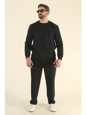 EYDAMOON Erkek Kışlık Içi Polarlı Eşofman Takımı Sweatshirt Baggy - Siyah Regular Sıfır Yaka