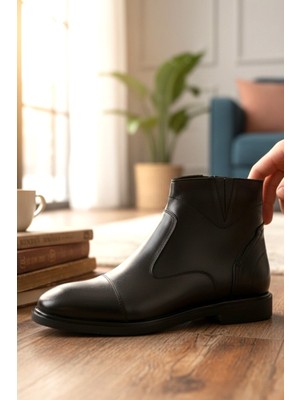 Enoch Hakiki Deri Siyah Yan Dikiş Detaylı Şık Klasik Erkek Bot