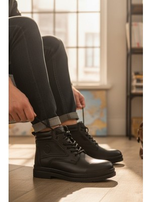 Enoch Hakiki Deri Siyah Dolgulu Bilek Destekli Bağcıklı Erkek Bot