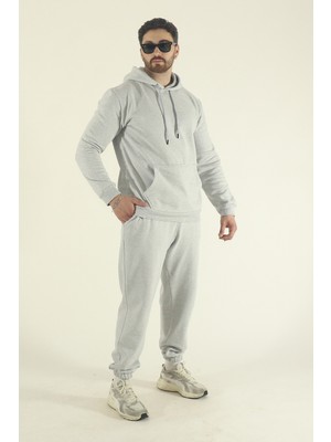 EYDAMOON Erkek Kışlık Eşofman Takımı Kanguru Cep Sweatshirt Jogger - Gri Regular Lastikli Paça