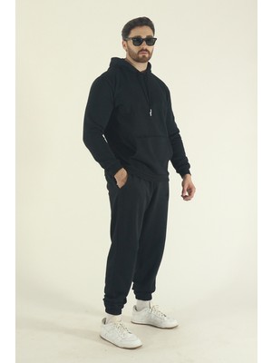 EYDAMOON Erkek Kışlık Eşofman Takımı Kanguru Cep Sweatshirt Jogger - Siyah Regular Lastikli Paça