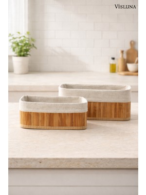 Visluna ( 2 Adet ) Bambu Düzenleyici Hasır Sepet - Naturel Büyük Boy 28X18X10 Küçük Boy 25X15X8'CM