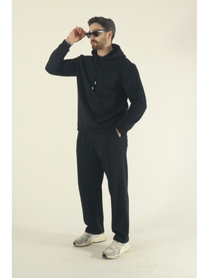 EYDAMOON Erkek Kışlık Içi Polarlı Kapüşonlu Sweatshirt Alt Baggy Eşofman Takımı-Siyah