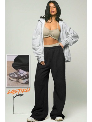 BSBSPOR Kadın Kışlık Şardonlu Eşofman Altı Siyah Ayarlanabilir Paçalı Bol Baggy 2026 Sezonu