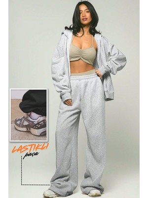 BSBSPOR Kadın Kışlık Şardonlu Eşofman Altı Gri Lastikli Paçalı Bol Baggy 2026 Sezonu