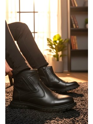 Enoch Hakiki Deri Siyah Yan Fermuarlı ve Baskı Logo Detaylı Erkek Bot