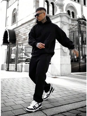 EYDAMOON Erkek Siyah Kapüşonlu Alt-Üst 3 Iplik Kışlık Eşofman Takımı