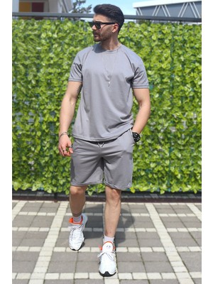 EYDAMOON Erkek Gri 2 Li Set Rahat Kesim %100 Pamuk Nefes Alabilen Likralı Kumaş Yazlık Eşofman Tamımı