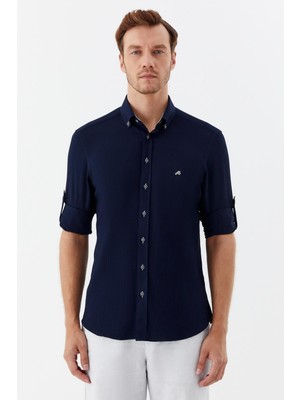 Sabri Özel Erkek Lacivert Dar Kesim Slim Fit %100 Pamuk Uzun Kollu Düğmeli Yaka Gömlek