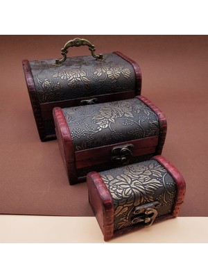 Ett 3'lü Ahşap Deri sandık Kutusu Dinç Store - 004982