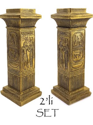 Antik Mısır Hioroglif Şamdan Seti - 2 Adet Set Olarak - Altın Renk