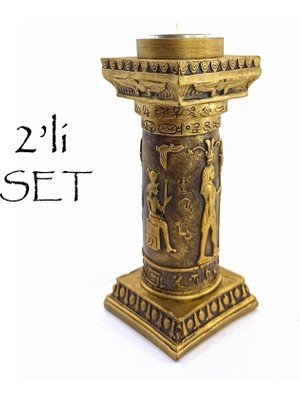 Hioroglif Sütun Şamdan Mumluk 2 Adet Set - Antik Mısır Altın Renk Şamdan Dekorasyon