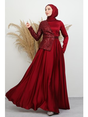 Payet Işlemeli Abiye Bordo