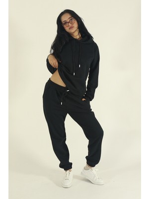 EYDAMOON Kadın Kışlık Içi Polarlı Eşofman Takımı Kapüşonlu Sweatshirt Jogger - Siyah Regular Lastikli Paça