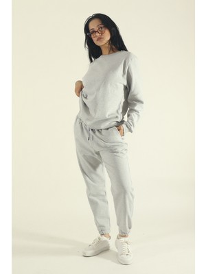 EYDAMOON Kadın Kışlık Içi Polarlı Eşofman Takımı Bisiklet Yaka Sweatshirt Jogger - Gri Regular Lastikli Paça