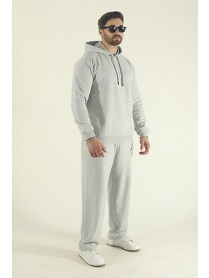 EYDAMOON Erkek Kışlık Pamuklu Kapüşonlu Sweatshirt Alt Baggy Eşofman Takımı-Gri