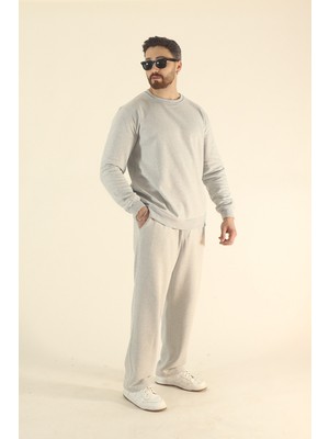 EYDAMOON Erkek Kışlık Içi Polarlı Eşofman Takımı Sweatshirt Baggy - Gri Regular Bisiklet Yaka