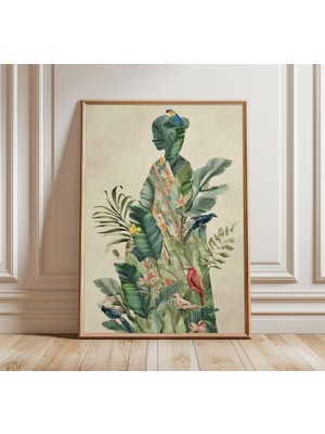Ninastore Tropikal Kadın Silüeti Sanat Baskısı Botanik Kolaj Poster Egzotik Orman Duvar Sanatı Doğa ve Kuş Ill