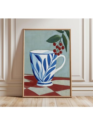 Ninastore Mavi Yapraklı Çay Fincanı Posteri, Vintage Natürmort Duvar Sanatı, Botanik Mutfak Baskısı, Iskandina